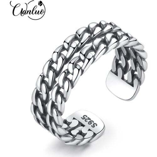 WANLUO Authentic 925 Sterling Silver Open Rings For Women Double Chain Hollow Design Vintage Adjustable Ring Fine Jewellery Gift