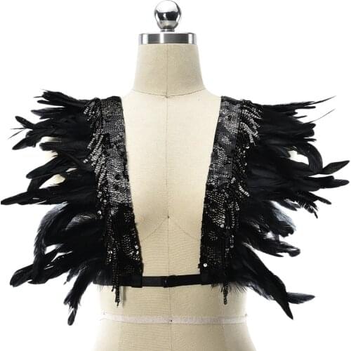 Festival Rave Body Harness Feather Goth Clothes Accessories Black Cage Bra Sexy Lingerie Shoulder Sequins Feather Wing Bra