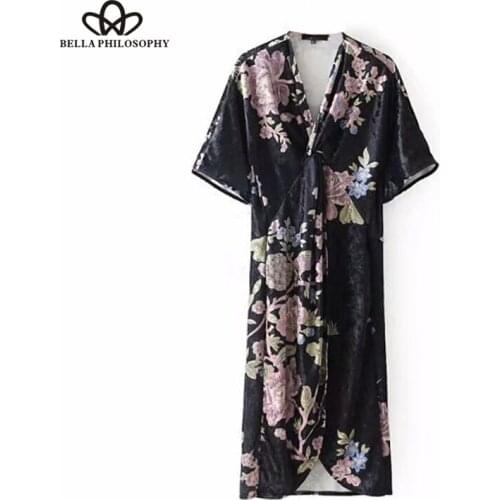 Bella Philosophy 2019 new fashion vintage floral print dress V neck velvet short sleeve pencil dress split front black dress