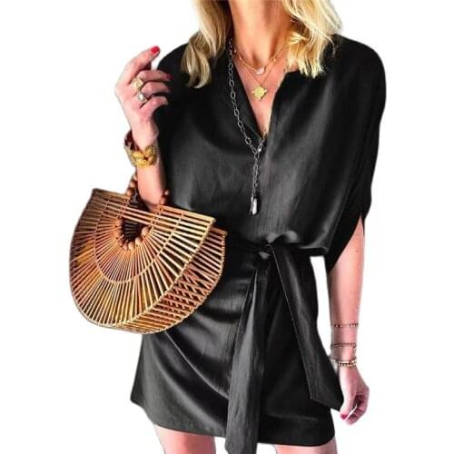 Fashion Half Sleeve Sashes Casual Dress Solid V-Neck Summer Women Dresses Casual Plus Size Lacing Dress Good Quality Dress S-3XL