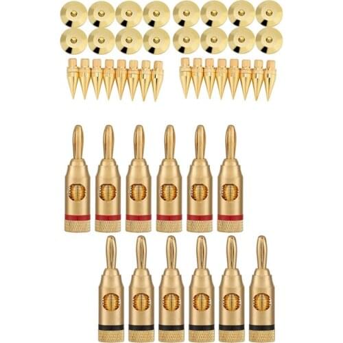 16 Pairs 6 X 36mm Copper Speaker Spike Isolation Stand + Base Pad Feet Mat & 1 Set Gold-Plated Banana Plug or Connector
