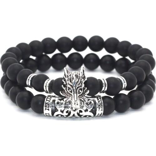 2 pcs/set Antique Silver Plated Wolf Head Charm with Lava Onyx Turquoises Natural Stone Beads Bracelet Set Pack For Men Women