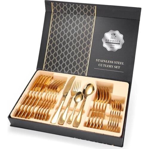 24Pcs /Set Specular Stainless Steel Cutlery Steak Knife Fork Coffee Spoon Teaspoon Upscale Home Restaurant Gift Box Set