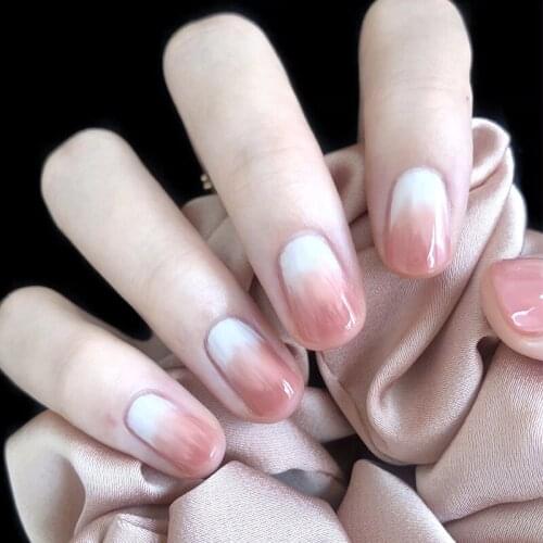 24pcs Short Nails For Women Simple Gradient Bow Pearl Ins Style Fake Nails Acrylic Square Full Tips False Press on Nail