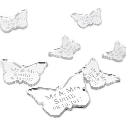 60Pcs Personalized Wedding Engraved Couple Names Butterfly Tags Baptism Birthday Baby Shower Gift Party Table Decoration Favors