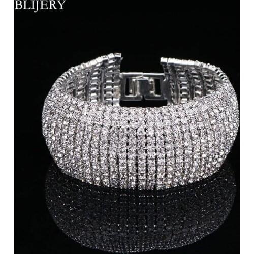BLIJERY Crystal Bridal Bracelets For Women Silver Color 12 Rows Rhinestone Bracelets & Bangles Party Wedding Jewelry Accessories