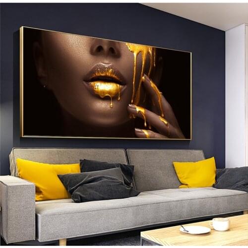 Black Women Face with Golden Liquid Canvas Paintings on The Wall Posters and Prints Cuadros Pictures for Living Room Decoration