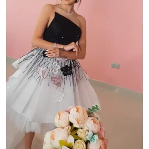 Black prom dresses 2020 crew neckline beading sequins flowers high front and low back evening dresses