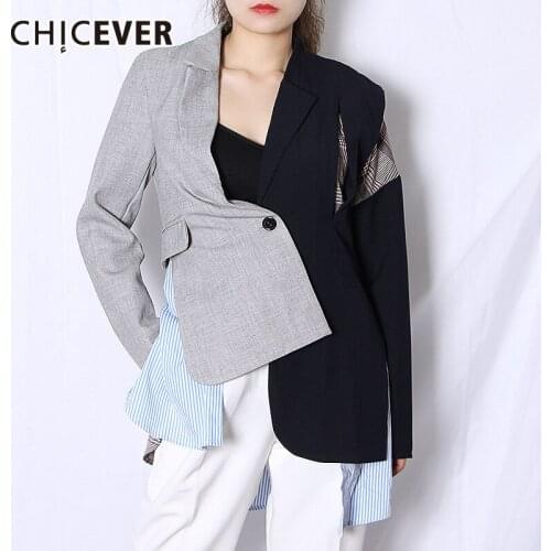 CHICEVER Patchwork Casual Womens Blazers Notched Long Sleeve Tunic Hit Color Asymmetrical Coats Female 2021 Autumn Clothes Tide
