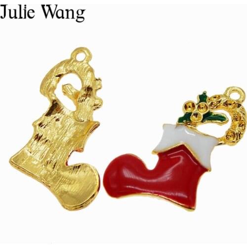 Julie Wang Enamel Red Christmas Socks Shoes Charms Gold Tone Pendant Xmas Handmade Bracelet Necklace Jewelry Making Accessory