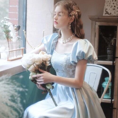 Elegant Blue Cocktail Dresses Square Neck Puff Sleeves Satin Appliques A-Line Long Formal Evening Banquets Party Prom Gowns 2021