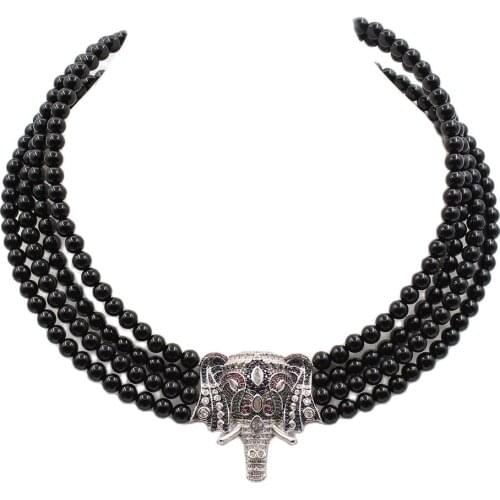 GuaiGuai Jewelry 18''-21'' 4 Rows Onyx Necklace CZ Pendant