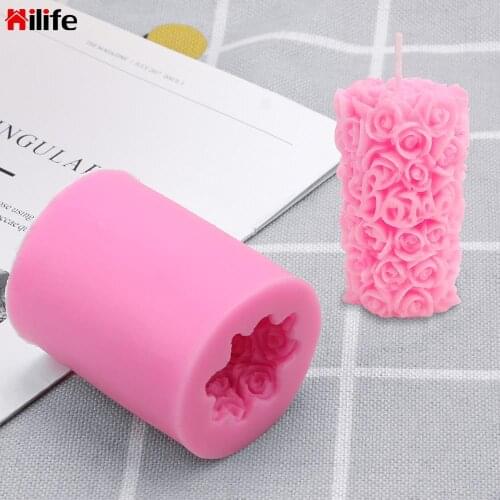 HILIFE Silicone Soap Candle Molds 3D Rose Flower Cylinder Shape Candle Handmade Gypsum Plaster Mould DIY Handicrafts Wax Model