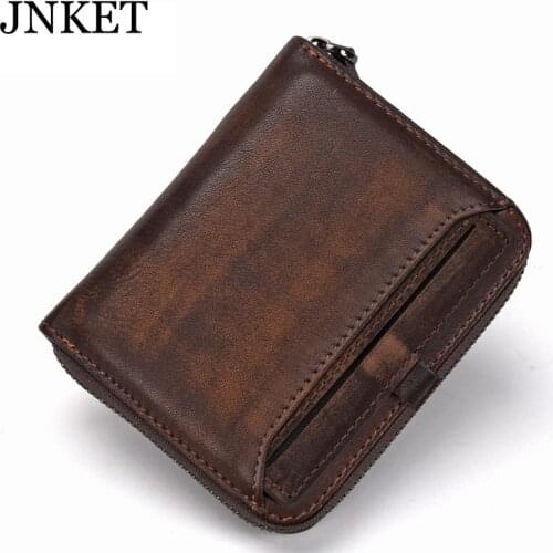 JNKET Retro Mens Short Wallet Casual Zipper Wallet Cow Leather Clutch Wallet Billfold Coins Purse Card Holder Notecase