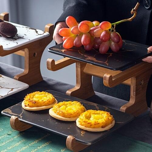 Marble texture ceramic cake stand afternoon tea double layer wooden stand snack table decoration cosmetic storage tray CE / EU
