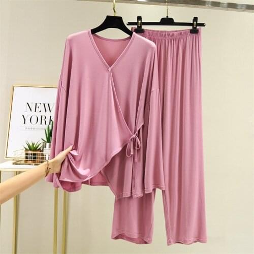 Fashion Kimono 2021 Spring and Autumn New Ladies Fashion Simple V-neck Pajamas Suit Loose Casual Long-sleeved Home Service Suit