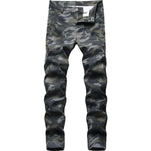 Mens Camouflage Printed Jeans Military Slim Straight Stretch Denim Pants Trousers