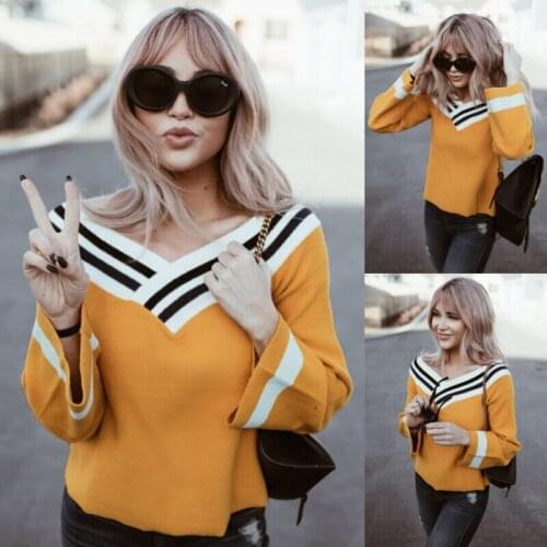 2019 Newest Hot Fashion Ladies Womens Striped V Neck Spring Autumn Wear Long Sleeve Casual Yellow T Shirt Loose Tops
