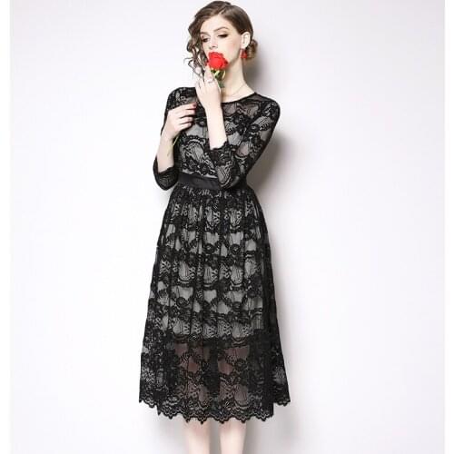 New Arrival 2021 Spring Hollow Out Party Elegant Women Three Quarter Sleeve Floral Lace Dress High End Women Dresses Hot Selling