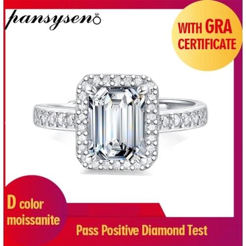 PANSYSEN Top Grade D Color 100% 925 Sterling Silver Emerald Cut 1ct 2ct Real Moissanite Ring Women Wedding Bands Fine Jewelry