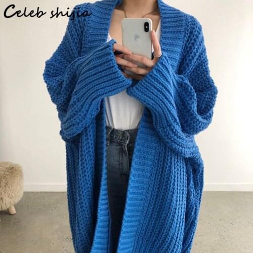 Blue Chic Thicken Knitted Cardigans Fall 2021 Loose Style Korean Long Sweater Open Stitch Streetwear Warm Vintage Knit Coat