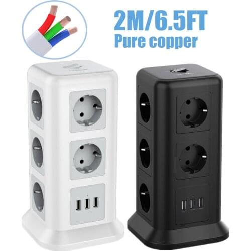 TESSAN Power Strip Tower with 2M/6.5FT Extension Cable Socket with 3 USB Ports and 11 Outlets EU Adapter for Phones Computers