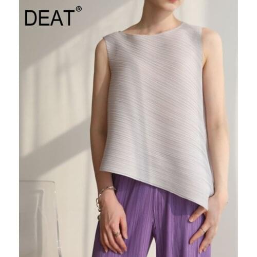 DEAT Pleated T Shirt Woman Sleeveless Round Collar Halter Irregular Hem Design Pullover Top Loose Casual 2021 New Summer HT564