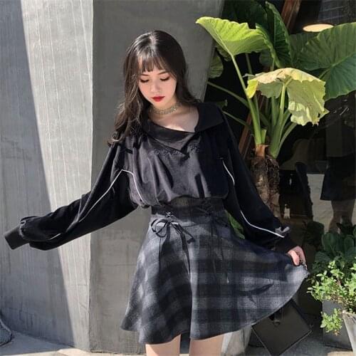 Gothic Black Gray Y2k Plaid Pleated Mini Skirts Womens 2021 Autumn 90s Aesthetic High Waist Lace Up Kawaii Skirts for Teen Girls