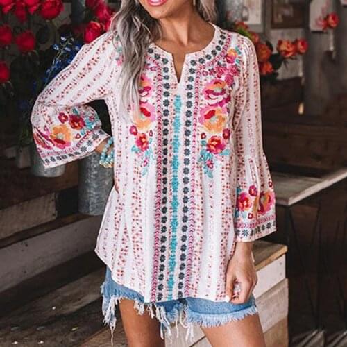 2021 Shirt Women Spring Summer Floral Printing Clothes Flare Sleeve Casual Hem Bohemia Style Female Fashion Shirt Tops Plus Size