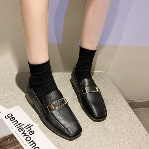 Pot large size full grain leather metal decorations low heel square toe slip on office lady daily wear women pumps L45