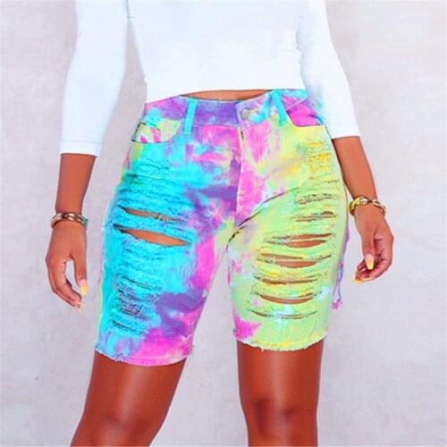 Sexy Hole Tie Dye High Waist Denim Shorts Women 2021 New Summer Hollow Out Stretch Sexy Ripped Streetwear Lady Knee length Jeans