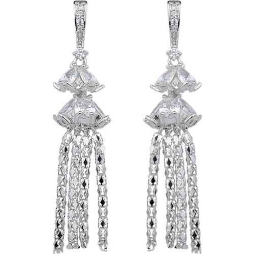 YAN MEI Sterling Silver Jewelry Cubic Zirconia Fashion Tassel Stud Earrings Women Weeding Gift
