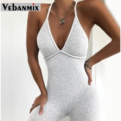 Women Sleeveless V-neck Solid Ribbed Open Back Cross Sexy Jumpsuit Bodysuit Sexy Women Bodycon Jumpsuit Sexy V-neck Long Sleeve