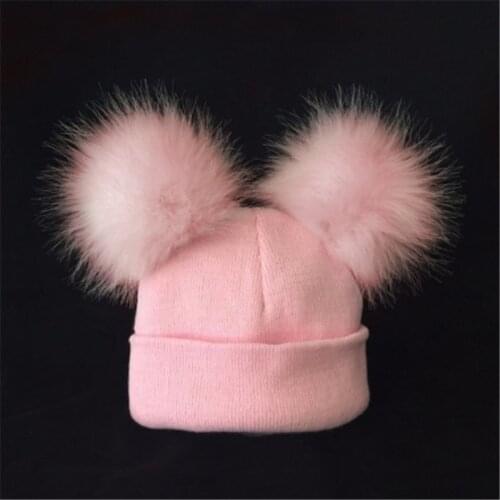 Winter Knitted Baby Hats 2018 Girls Boys Sweet Solid Hat With Two Fur Pompoms Balls Kids Caps For Baby Girls Warm Soft Hat Cap