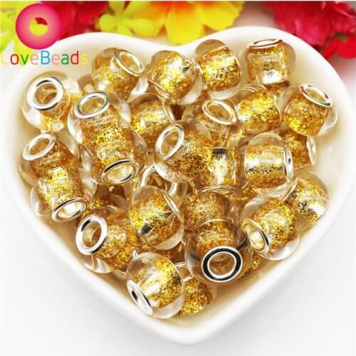 10 Pcs Gold Color Big Hole Transparent Glitter Beads Spacer Rondelle Loose European Beads Charms Fit Original Pandora Bracelet