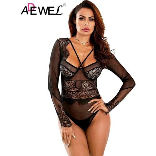 ADEWEL Sexy Black Criss Cross Front Eyelash Detail Long Sleeve Lace Bodysuit Combinaison Pantalon Femme Hollow Out Body Mujer L