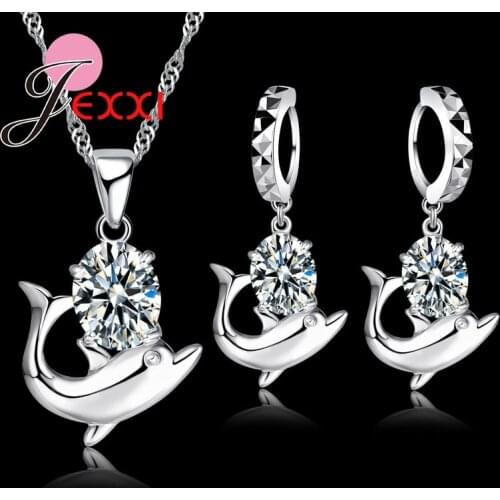 Free Shipping Pretty CZ Cubic Zirconia Jewelry Set 925 Sterling Silver Romantic Dolphin Pendant Necklace & Earrings Set