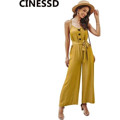 CINESSD Women Sexy Spaghetti Straps Rompers Jumpsuits Solid High Waist Button Lace Up Office Lady Casual Long Playsuits Bodysuit