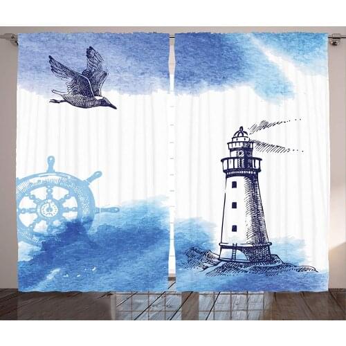 Farm House Decor Curtains Nostalgic Watercolors with Gull Ancient Anchor Lighthouse Nautical Theme Living Room Bedroom Window