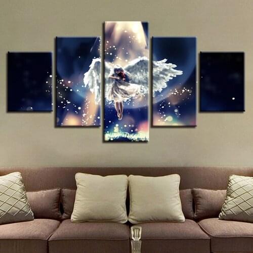 Canvas Painting 5 Pieces Music Angel Girl Wings Moon Night View Painting HD Prints Pictures Frame Decor Home Room Wall Art