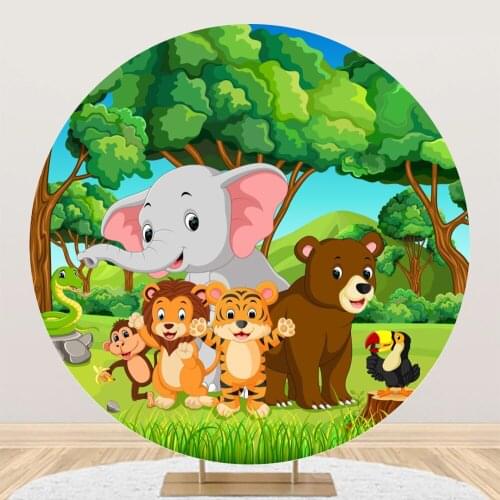 Laeacco Cartoon Safari Birthday Party Zoo Animals Green Grass Personalized Circle Round Banner Backdrops Photographic Background