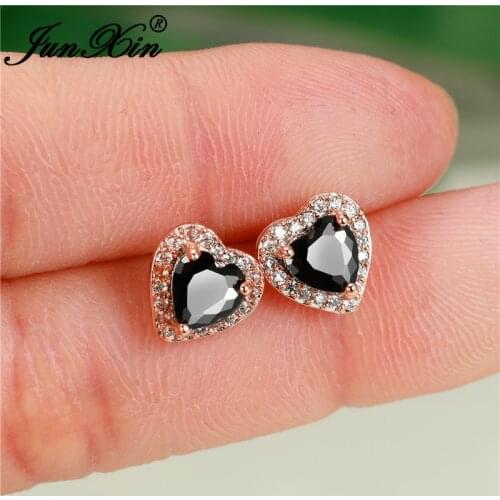Cute Heart Stud Earrings For Women Men Black Zircon Crystal Wedding Studs White Gold Rose Gold Color Engagement Earring Jewelry