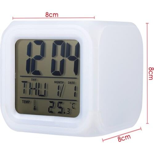 Mini Cute 7 Colour Backlight Modern Digital Alarm Clock Desk Gadget Digital Alarm Thermometer Night Glowing Cube LCD Clock
