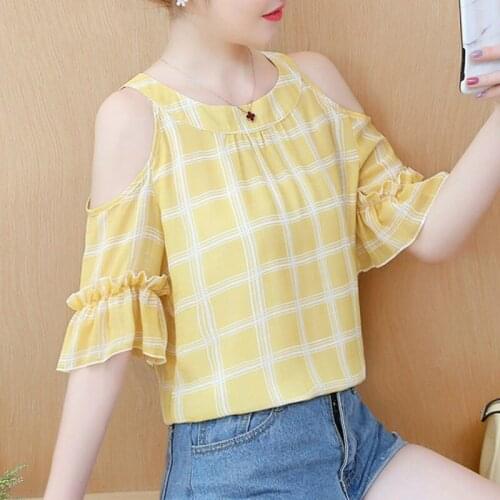 2019 VerAo Mulheres Moda Chiffon Blusa Mulheres Roupas Casuais O-pescoCo de Malha de Manga Curta Fora Do Ombro Doces