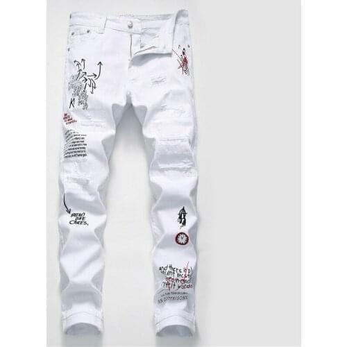 New Men Fashion Streetwear embroidery Ripped Designer white black skinny Jeans Hip Hop Punk Casual stretch denim jeans trousers