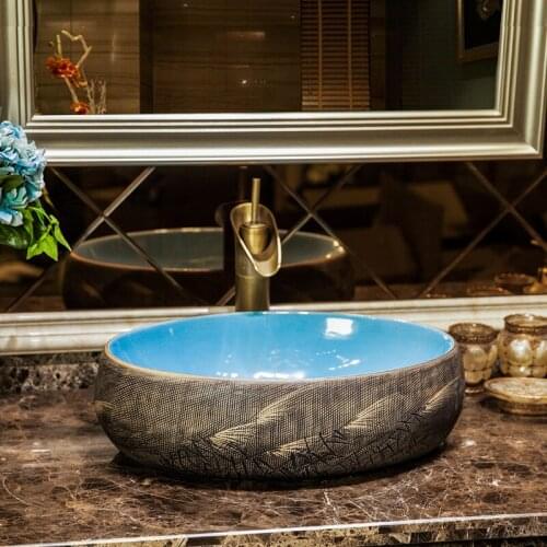Oval Europe style china wash basin sink Jingdezhen Art Counter Top ceramic bathroom sink antique porcelain bathroom sink