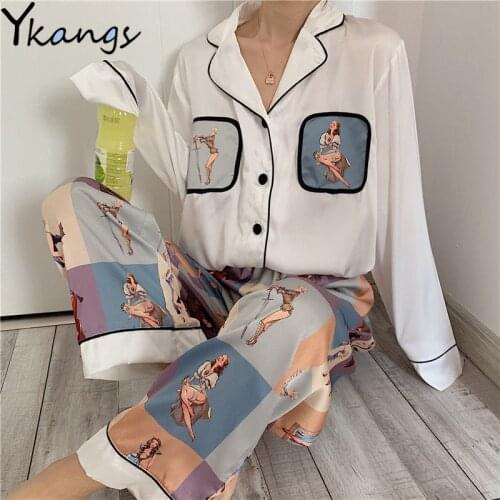 Womens Silk Satin Pajamas Pyjamas Set Long Sleeve Sleepwear Pijama Suit Female Sleep Two Piece Set Loungewear Plus Size 5XL