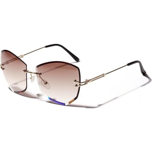 Veshion Diamond Cut Sunglasses Lady 2021 Summer Brown Pink Rimless Sun Glasses for Women Cat Eye Uv400 Metal