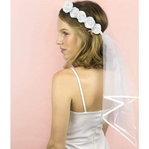 Women Bridal Flower Hair Wreath With White Veil Garland Wedding Headband Crown Adjustable Lace Up Ribbon Bachelorette Party