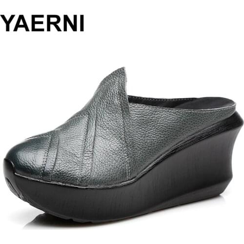 YAERNI 2020 Genuine Leather Women Slippers 8CM High Heels Wedges Summer Shoes Retro Platform Handmade Women Leather Slipper